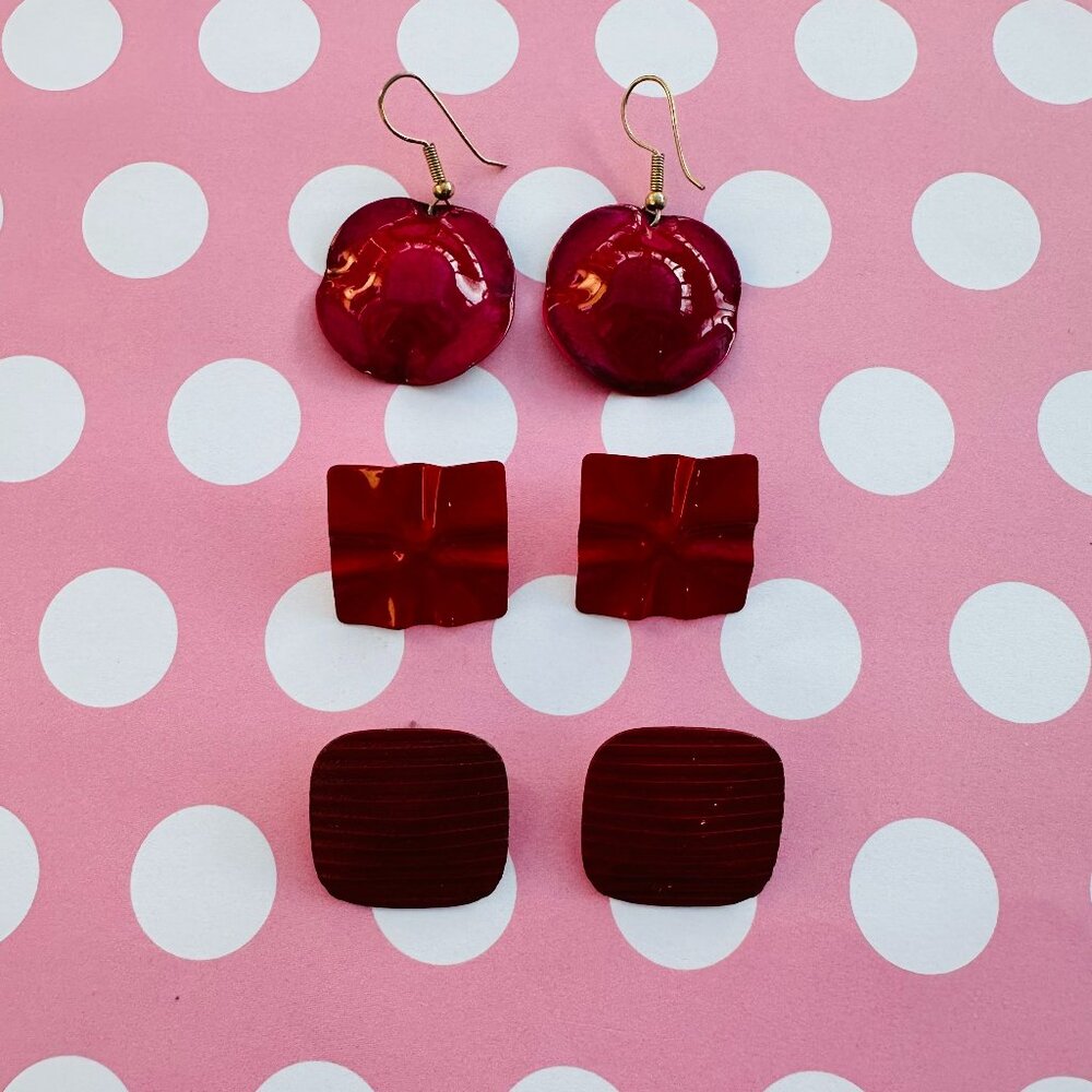 Vintage 1980s Red Earrings Lot Pierced Earrings Three Pairs Red Costume Jewelry